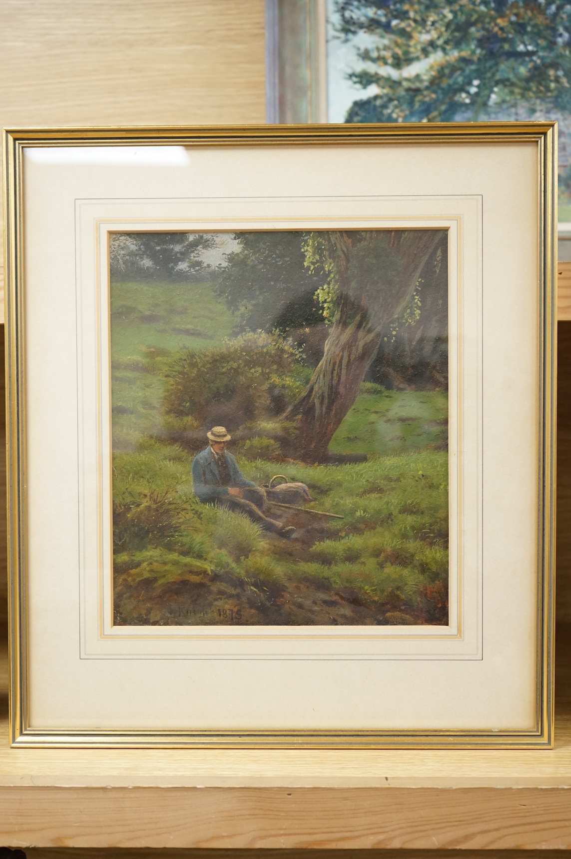 Joseph Knight, oil, landscape with seated figure, signed and dated 1874, 29 x 25cm